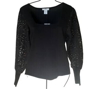 Halston Crochet Sleeve Square Neck Knit Top